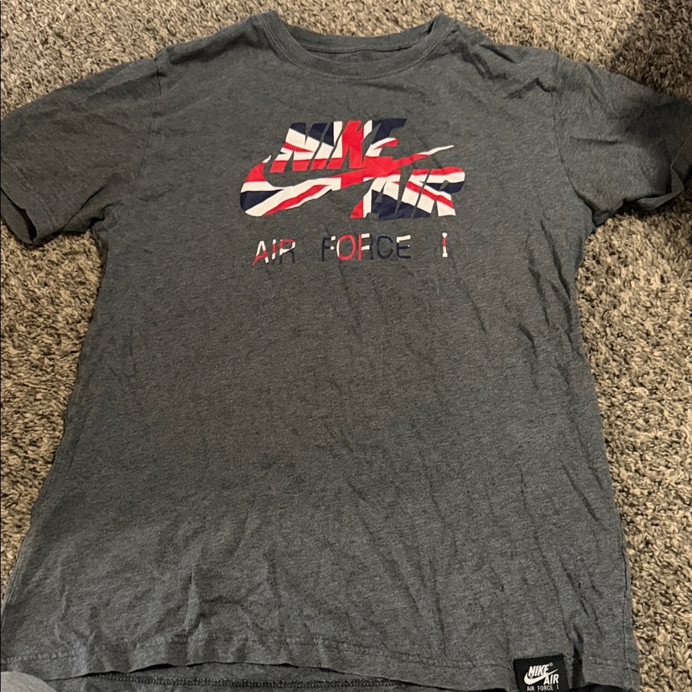 Nike Gray Short Sleeve 'Air Force' Graphic Tee with Red & Blue Logo